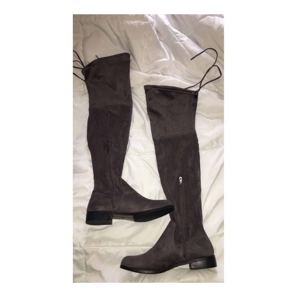 Grey thigh high boots